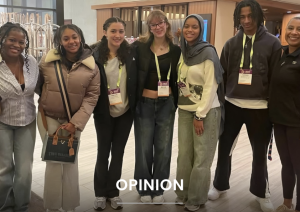 Students Shëina Registre '26, Shyla Fernandes '25, Kaylee RIvera '25, Amelia Bowman '25, Bayaan Jones '26, Adrian Houndegla '26 and chaperone Jessica Christian before their first day of conferences. 